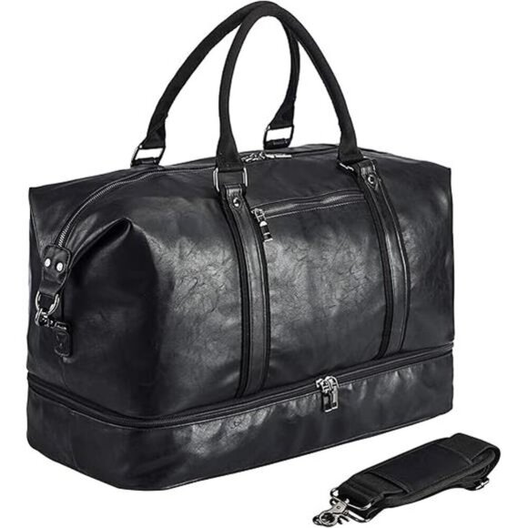 Leather Travel Bag with Shoe Pouch,Weekender Overnight Bag Waterproof PU Leather - Picture 7 of 7